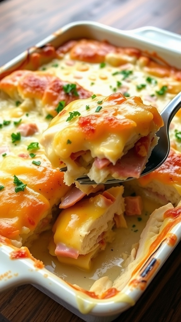 A golden brown chicken cordon bleu casserole with layers of chicken, ham, and cheese, garnished with parsley.